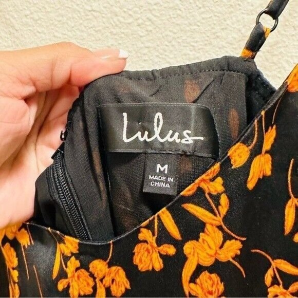 Lulu’s Gold Mine Black Multi Print Satin Asymmetrical Midi Dress Size Medium - Picture 5 of 12